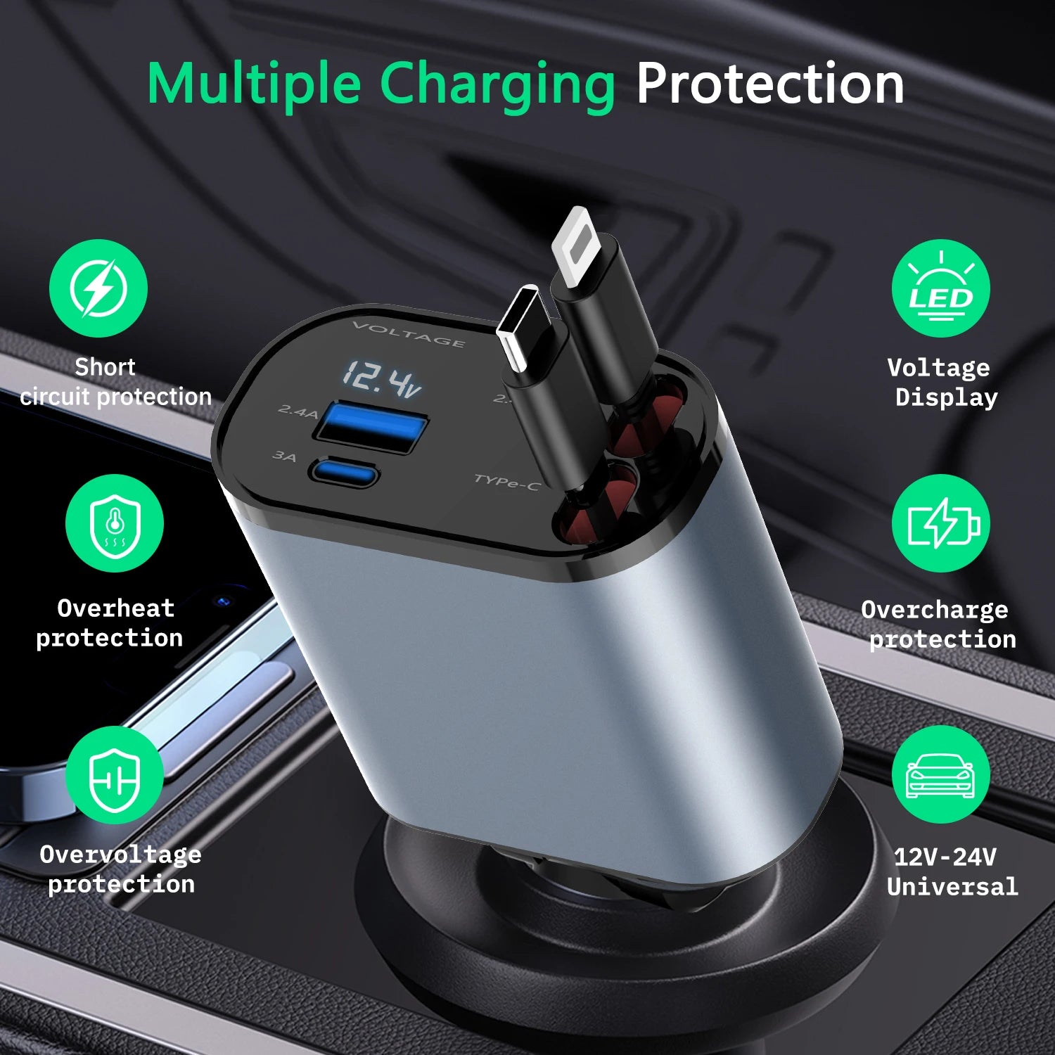 2023 New Retractable Car Charger 4 In1 Fast Car Phone Charger 66W Retractable Cables (2.6Ft) and 2 USB Ports Car Charger Adapter