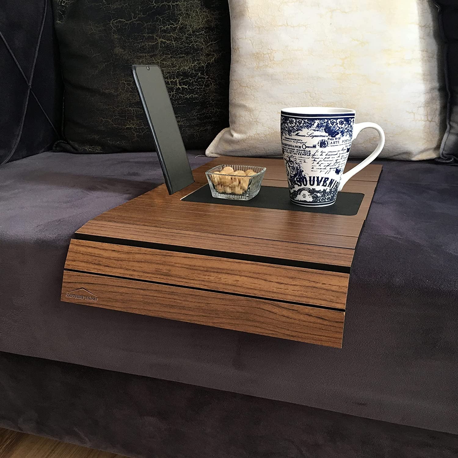 Wooden Sofa Arm Tray Table, Foldable & Flexible Couch Tray, Perfect for Cups, Glasses, Remote, Phone Couch Arm Table, Couch Armrest Table (Walnut)