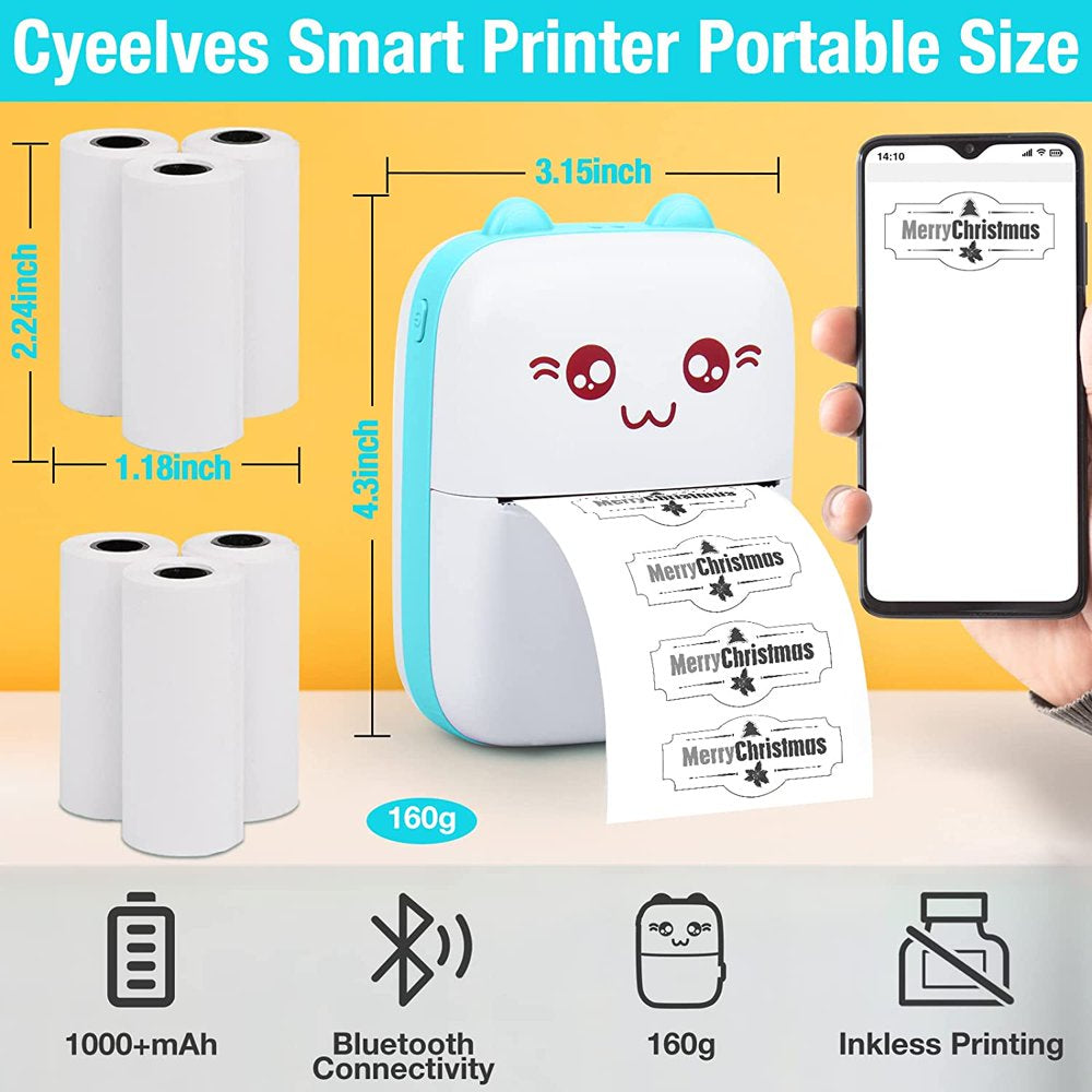 Mini Printer Portable, Pocket Thermal Printer with 6 Rolls Paper Compatible with Ios Android, Bluetooth Wireless Smart Printer for Photo Picture Office Receipt QR Code Label List Note Inkless Printing